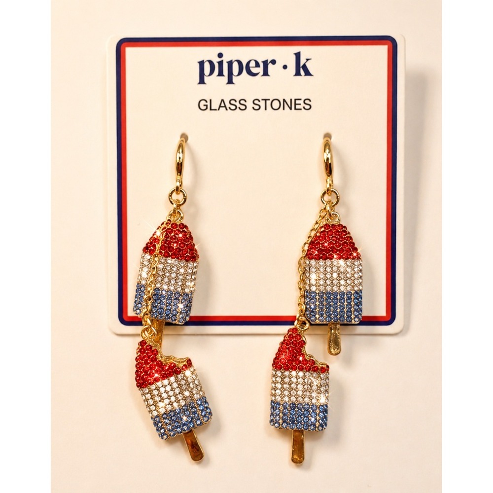 Piper K Rocket Pop Popsicle Glass Rhinestone Dangle Earrings 4th of July NEW